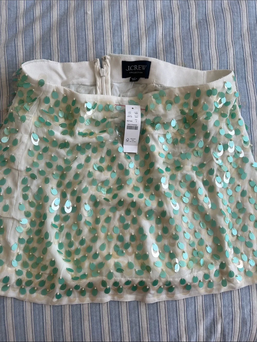 J. Crew Cream Mini Skirt with Mint Sequin Detail